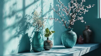  three vases sitting on a shelf with flowers in them and a shadow of a tree on the wall behind them.
