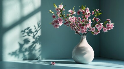  a white vase filled with pink flowers sitting on top of a table next to a shadow of a wall and a window.