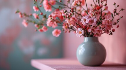  a blue vase filled with pink flowers on top of a pink shelf with a pink wall in the back ground.
