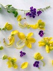Background Tropical herbarium of yellow and purple flowers. Exotic garden. On a white background