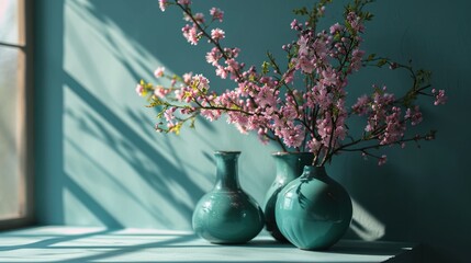  a couple of vases sitting on top of a window sill filled with pink flowers in front of a window.