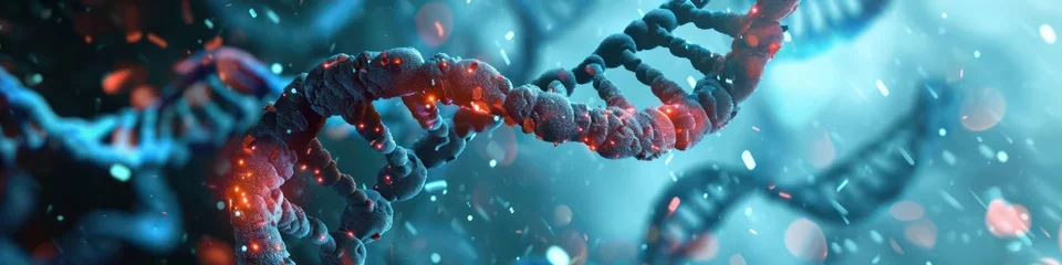 Fotobehang Abstract glowing DNA molecular tech background. Generative AI © saicle