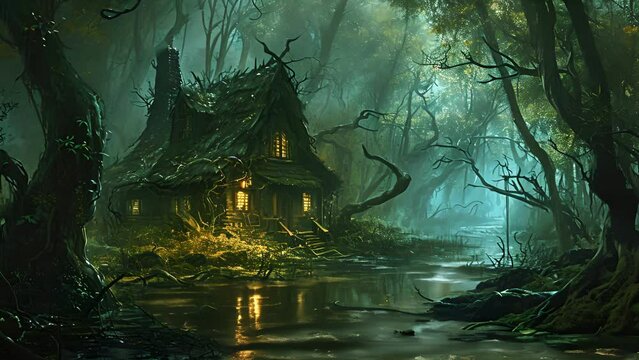 Amidst the stagnant waters and rotting vegetation of the swamp, the witchs hut stands as a beacon of magic and mystery, beckoning those who seek its dark powers. Fantasy animatio