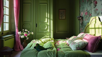  a bedroom with green walls and a green bed with pink and green pillows and a green headboard with a bird on it.