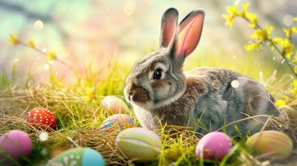 Fototapeta na wymiar Cute Bunny Amidst Colorful Easter Eggs and Spring Flowers.
