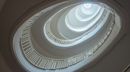  a spiral staircase in a building with a skylight at the top of the spiral staircase is a circular staircase with a skylight at the top of the spiral staircase.
