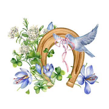 Lucky symbol horseshoe and flowers in botanical art watercolor illustration isolated on white. Painted saffron, clover and bird. Lucky symbol hand drawn. Design for St.Patricks day,Easter, springtime