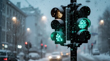  a green traffic light sitting on the side of a road in the middle of a snow covered city at night.