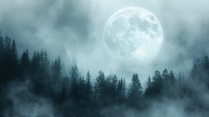  a full moon rising over a forest in a foggy sky with trees in the foreground and fog in the foreground.