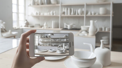  a person holding up a cell phone to take a picture of a model of a dishwasher in a kitchen. - obrazy, fototapety, plakaty