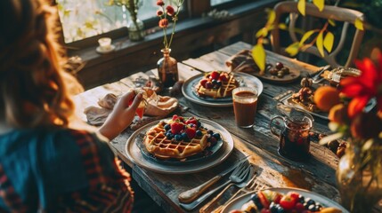  a woman sitting at a table with a plate of waffles with berries on them and a cup of coffee in front of her.