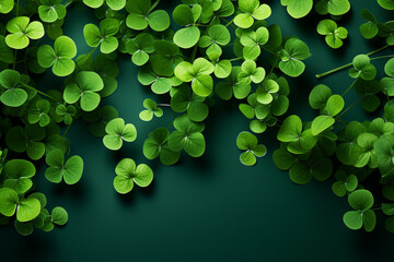 A minimalist design featuring a field of four-leaf clovers against a green background. - obrazy, fototapety, plakaty