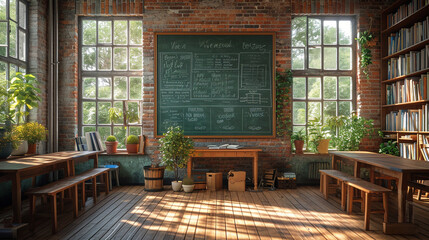 Fototapeta na wymiar View of school study room with minimal background