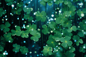 A festive background with strings of green lights and shamrock confetti. - obrazy, fototapety, plakaty