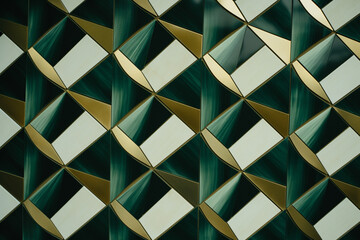 A modern, geometric pattern in shades of green with golden accents. - obrazy, fototapety, plakaty