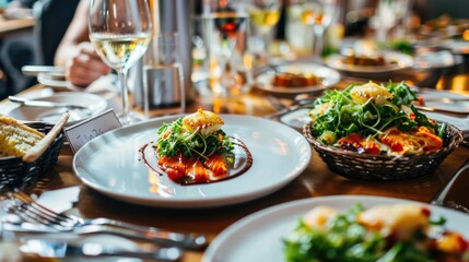  a close up of a plate of food on a table with a glass of wine and people in the background.