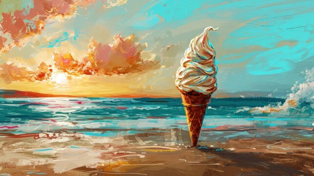 a painting of an ice cream cone sitting on top of a sandy beach next to a large body of water.