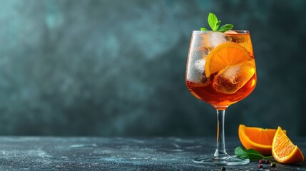  a glass filled with a drink and garnished with orange slices and mint on a dark table with a dark background.