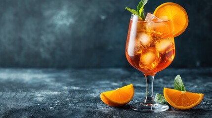  a close up of a drink in a glass with ice and orange slices on a table with a dark background. - obrazy, fototapety, plakaty