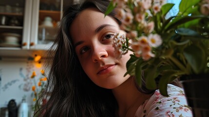  a close up of a person holding a plant with flowers in front of her face and looking at the camera.