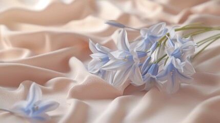  a bouquet of blue flowers sitting on top of a white bed sheet with ruffles on top of it.