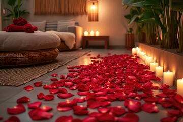 Rose Petals Pathway. Romantic background. Generative AI