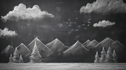  a black and white photo of a chalk drawing of a mountain range with trees and birds flying in the sky.