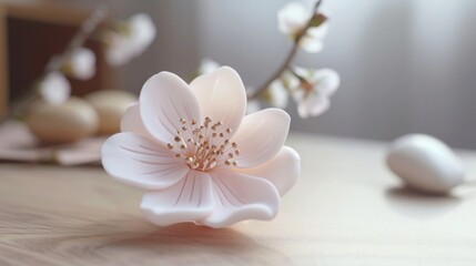  a white flower sitting on top of a wooden table next to a white egg on top of a wooden table.
