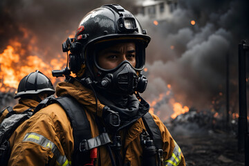 Obraz premium A portrait of a firefighter with a dramatic background