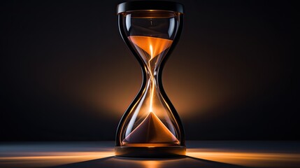 Illuminated Hourglass on Dark Background, Time Slipping Away. - obrazy, fototapety, plakaty