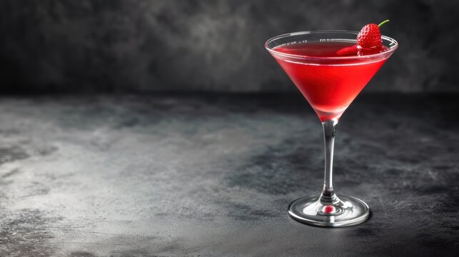  a close up of a drink in a wine glass with a strawberry on the rim and a black table in the background.
