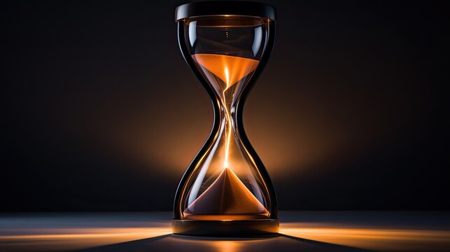 Illuminated Hourglass on Dark Background, Time Slipping Away.