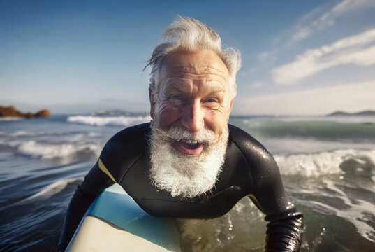 Smiling happy elder caucasian old man wearing neoprane wetsuit surfing at the ocean.
