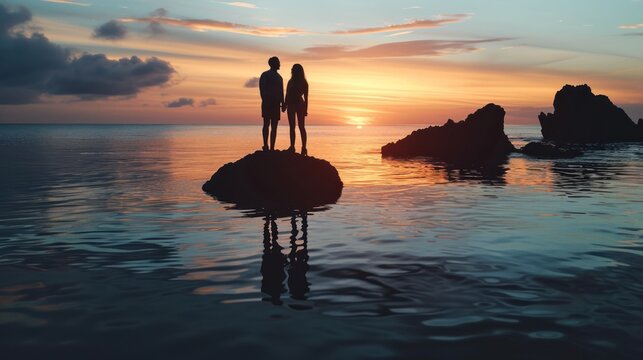 two people standing on a rock in the middle of a body of water with the sun setting in the background.