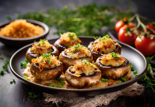 Delicious stuffed mushrooms with cheese served on a black plate.