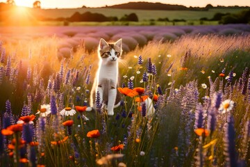 kitty cat and puppy on wild meadow field ,groop of bee and butterfly on flowers lavender, poppy ,daisies, cornflowers at summer sunset ,nature landscape and animals life - obrazy, fototapety, plakaty