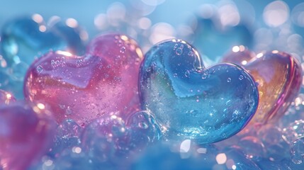  a close up of two heart shaped soaps on a blue and pink surface with water droplets on the surface.