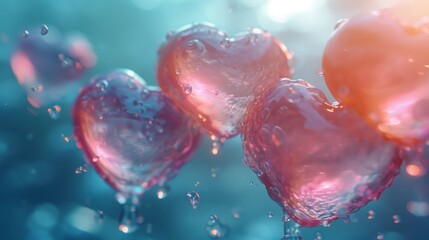  a group of three heart shaped balloons floating on top of a blue and pink liquid filled air filled with bubbles.