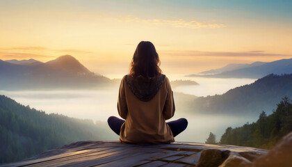 Facing back young woman practicing meditation or yoga, sitting on a rock over the mountain with beautiful lake view at sunrise or sunset. - obrazy, fototapety, plakaty