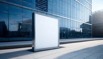 Blank white signboard or billboard in front of a modern office building in the city.