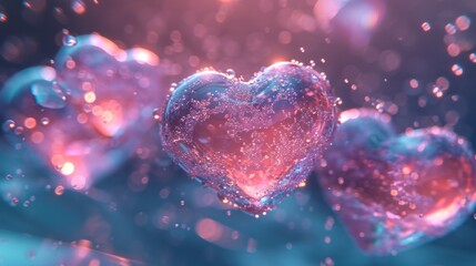  a close up of a heart shaped object on a blue and pink background with bubbles in the shape of a heart.