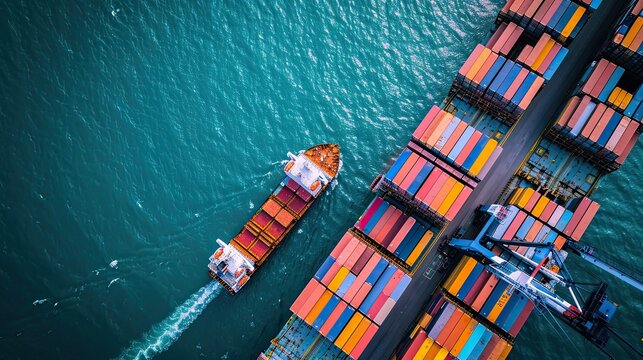 Aerial top view container cargo ship in import export business commercial trade logistic and transportation of international by container cargo ship in the open sea, Container cargo freight shipping