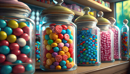 Colorful candies in row of jars in a traditional candy store.