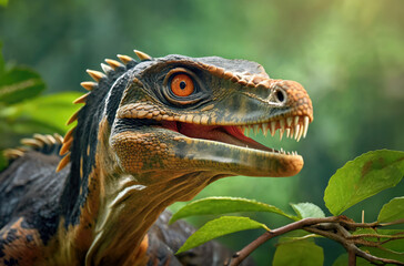 Close up portrait of a carnivore velociraptor dinosaur in the jungle.