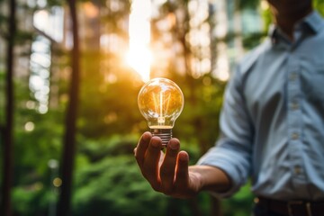 Inspirational thoughts Human hand holds a light bulb for lighting. Ideas for creativity and inspiration for sustainable business development and success generative by ai - obrazy, fototapety, plakaty