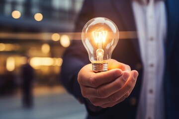 Inspirational thoughts Human hand holds a light bulb for lighting. Ideas for creativity and inspiration for sustainable business development and success generative by ai - obrazy, fototapety, plakaty