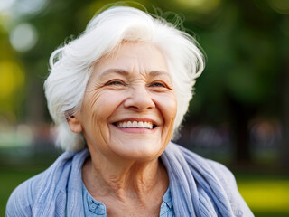 The white-haired old woman laughed and smiled happily. The park background is blurred. copyscap
