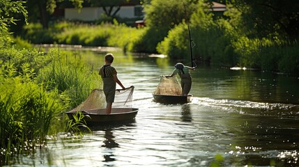 Catch fish in the corf on the river in summer.