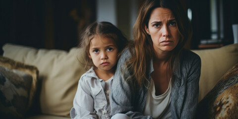 A mother and her young daughter sit on a couch with worried expressions, possibly watching a concerning news broadcast.