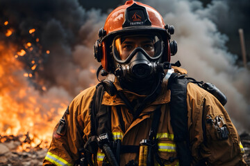 A portrait of a firefighter with his equipments